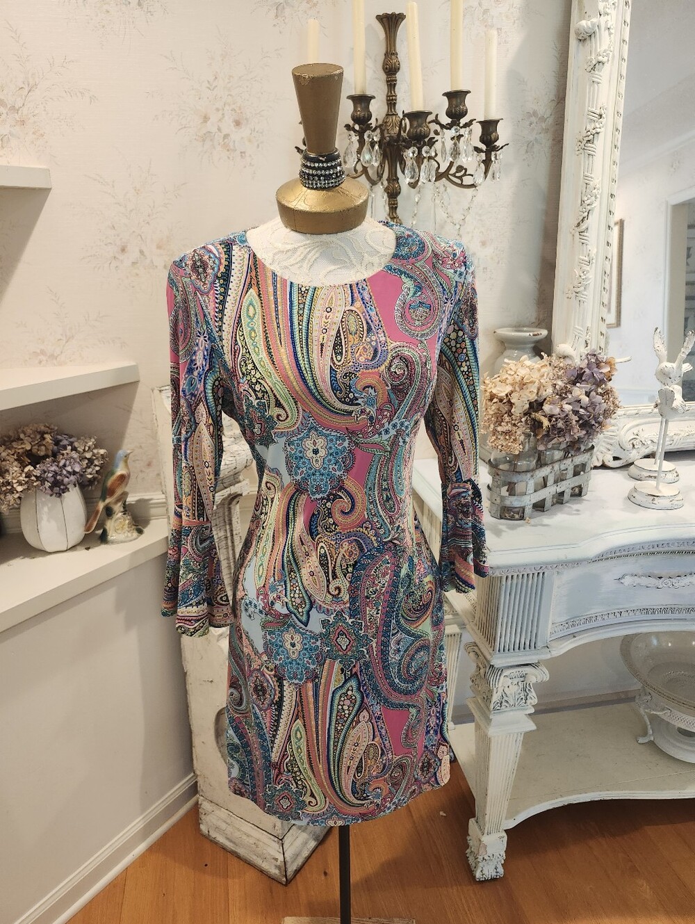 Tommy Hilfiger Paisley Bell Sleeve Sheath Dress Pink Blue Boho Stretch Size 10